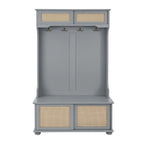 Meuble d'entrée 4-en-1 avec portes de placard en rotin, banc à chaussures et patères, Gris / Blanc, Style Moderne