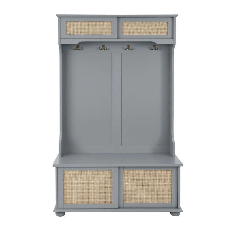 Meuble d'entrée 4-en-1 avec portes de placard en rotin, banc à chaussures et patères, Gris / Blanc, Style Moderne