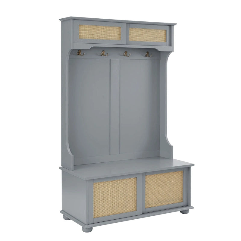 Meuble d'entrée 4-en-1 avec portes de placard en rotin, banc à chaussures et patères, Gris / Blanc, Style Moderne