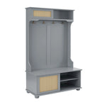 Meuble d'entrée 4-en-1 avec portes de placard en rotin, banc à chaussures et patères, Gris / Blanc, Style Moderne