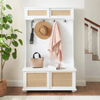 Meuble d'entrée 4-en-1 avec portes de placard en rotin, banc à chaussures et patères, Gris / Blanc, Style Moderne