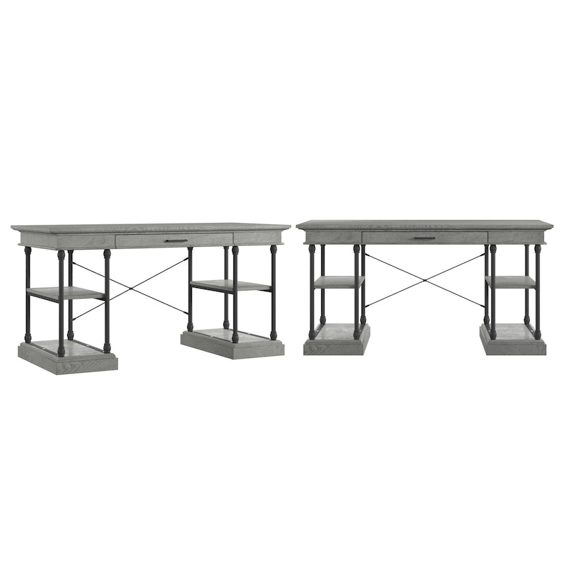Bureau d'écriture aspect bois avec 4 étagères et tiroir clavier escamotable, Gris / Blanc cassé / Marron / Noir, Style industriel, 1 personne