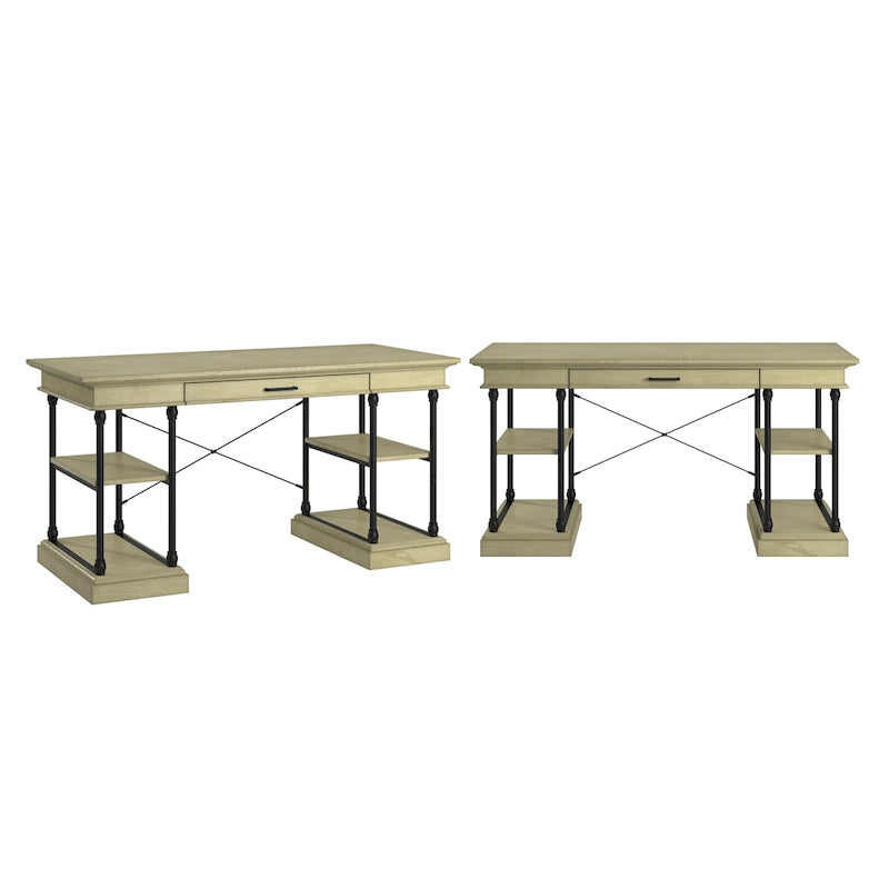 Bureau d'écriture aspect bois avec 4 étagères et tiroir clavier escamotable, Gris / Blanc cassé / Marron / Noir, Style industriel, 1 personne