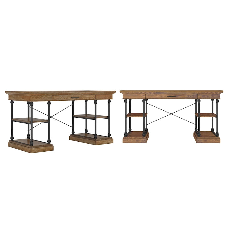 Bureau d'écriture aspect bois avec 4 étagères et tiroir clavier escamotable, Gris / Blanc cassé / Marron / Noir, Style industriel, 1 personne