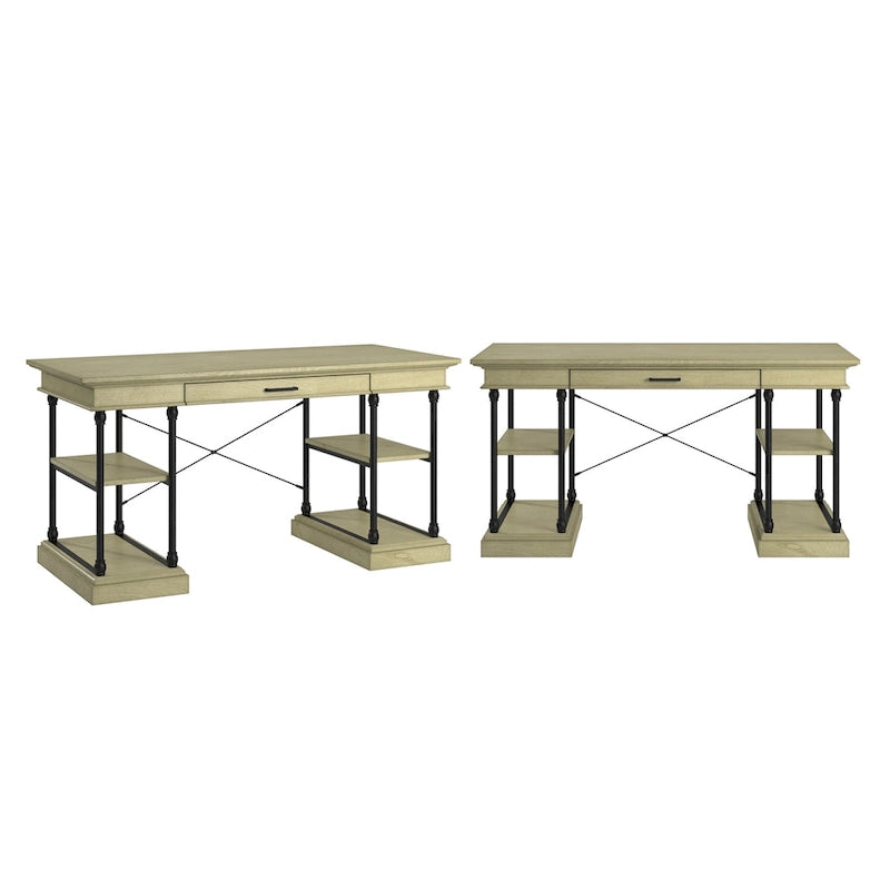 Bureau d'écriture aspect bois avec 4 étagères et tiroir clavier escamotable, Gris / Blanc cassé / Marron / Noir, Style industriel, 1 personne
