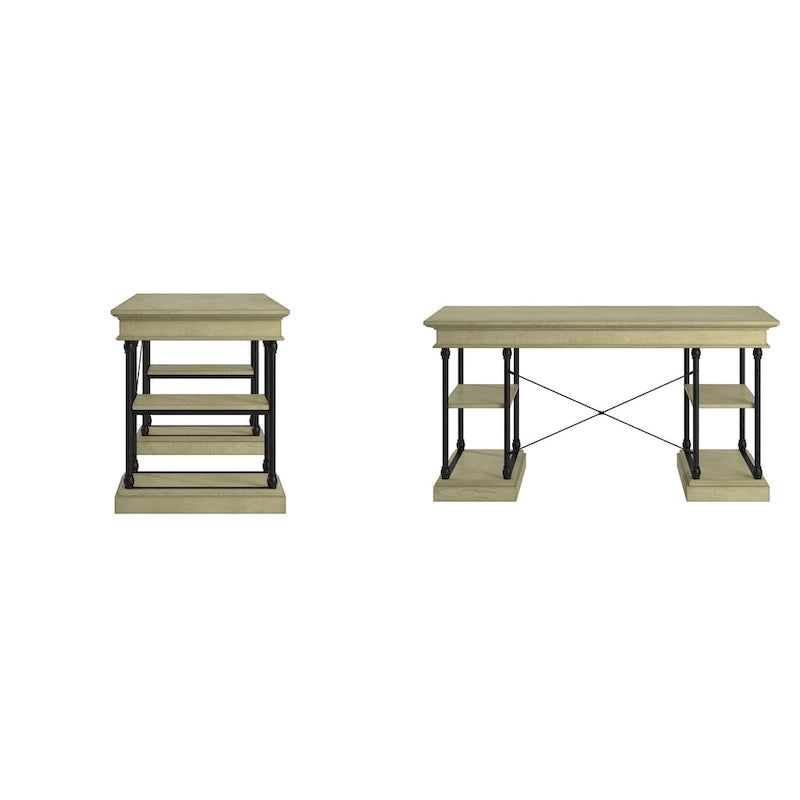 Bureau d'écriture aspect bois avec 4 étagères et tiroir clavier escamotable, Gris / Blanc cassé / Marron / Noir, Style industriel, 1 personne