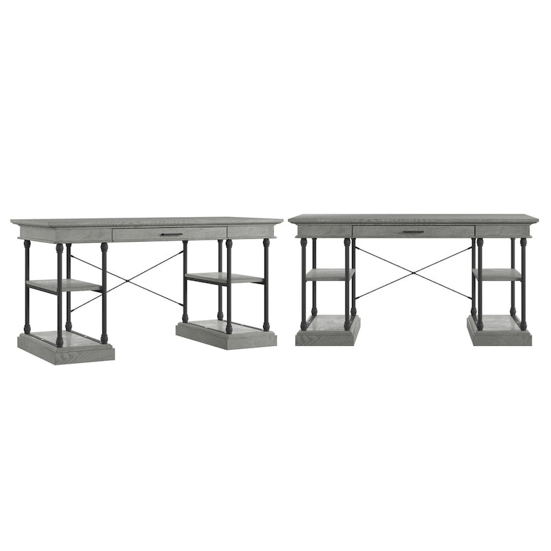Bureau d'écriture aspect bois avec 4 étagères et tiroir clavier escamotable, Gris / Blanc cassé / Marron / Noir, Style industriel, 1 personne