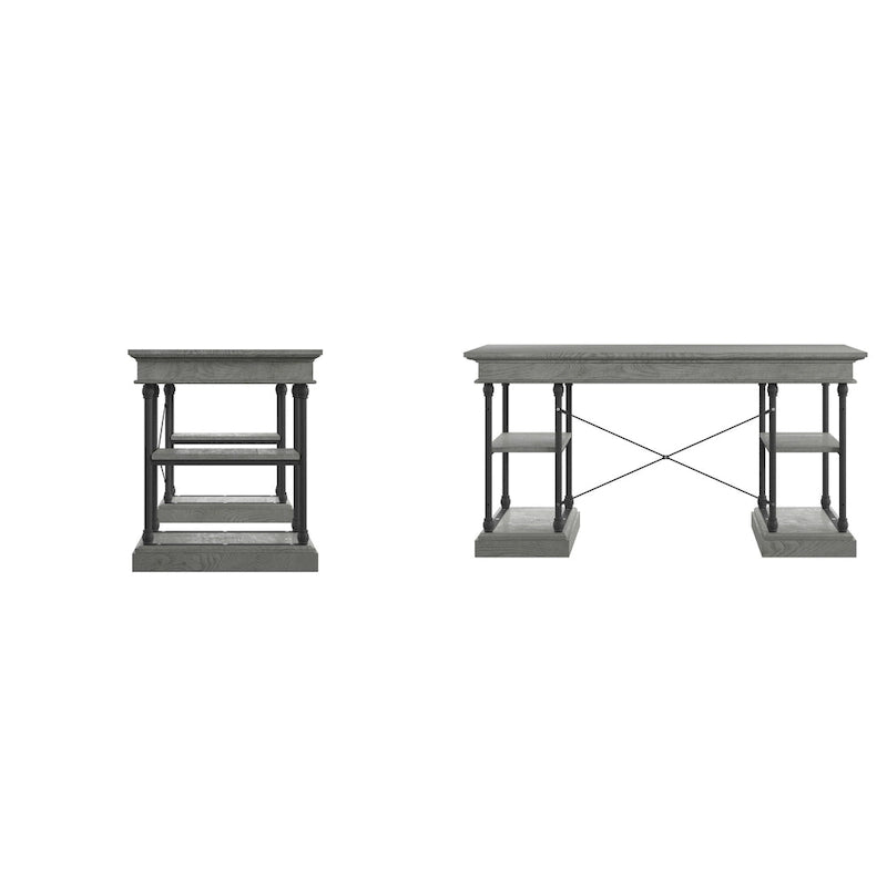 Bureau d'écriture aspect bois avec 4 étagères et tiroir clavier escamotable, Gris / Blanc cassé / Marron / Noir, Style industriel, 1 personne