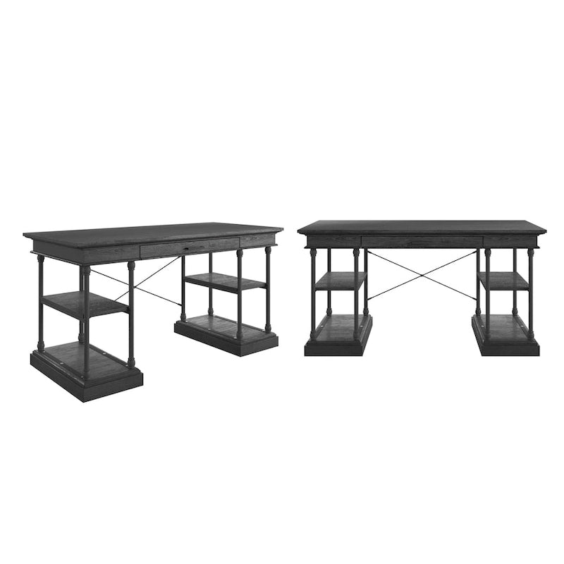Bureau d'écriture aspect bois avec 4 étagères et tiroir clavier escamotable, Gris / Blanc cassé / Marron / Noir, Style industriel, 1 personne