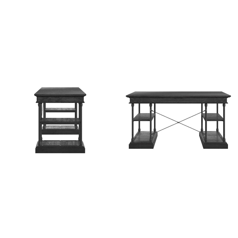 Bureau d'écriture aspect bois avec 4 étagères et tiroir clavier escamotable, Gris / Blanc cassé / Marron / Noir, Style industriel, 1 personne