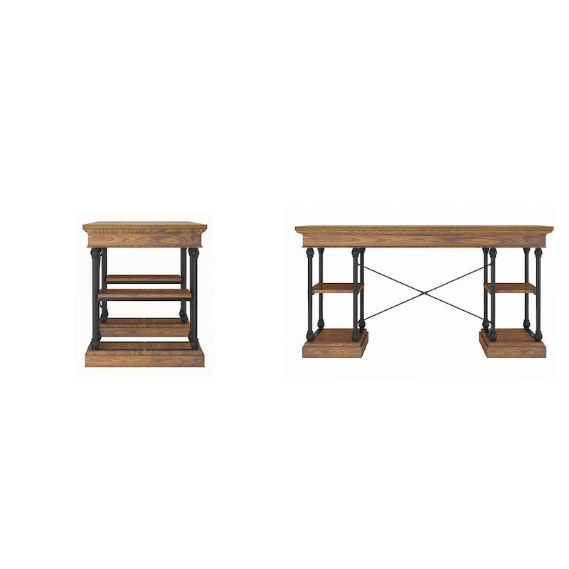 Bureau d'écriture aspect bois avec 4 étagères et tiroir clavier escamotable, Gris / Blanc cassé / Marron / Noir, Style industriel, 1 personne