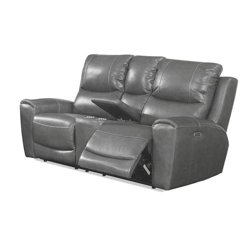 Causeuse inclinable électrique en cuir pleine fleur avec console de rangement, 2 places, ivoire/gris