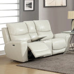 Causeuse inclinable électrique en cuir pleine fleur avec console de rangement, 2 places, ivoire/gris