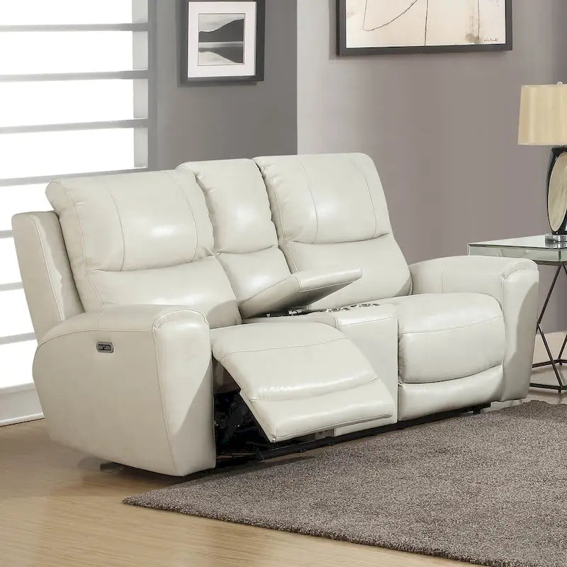Causeuse inclinable électrique en cuir pleine fleur avec console de rangement, 2 places, ivoire/gris