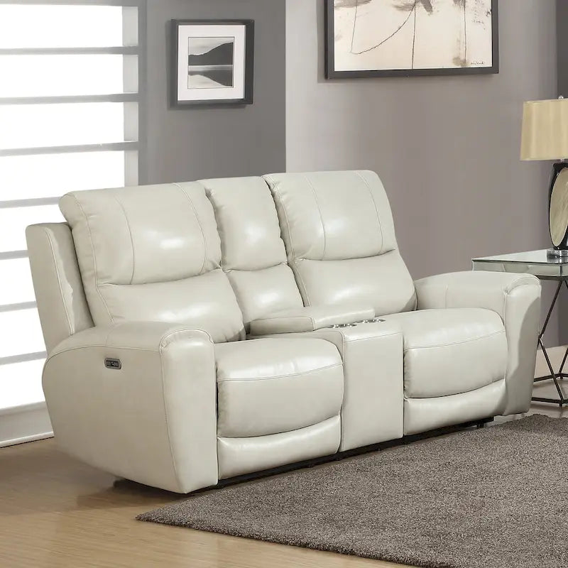 Causeuse inclinable électrique en cuir pleine fleur avec console de rangement, 2 places, ivoire/gris