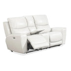Causeuse inclinable électrique en cuir pleine fleur avec console de rangement, 2 places, ivoire/gris