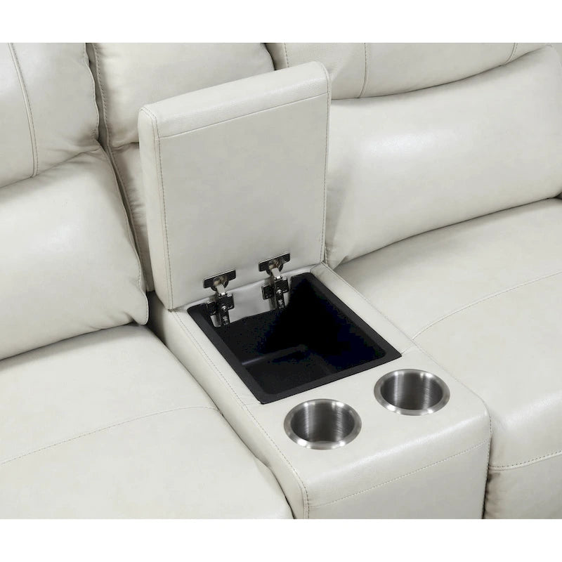 Causeuse inclinable électrique en cuir pleine fleur avec console de rangement, 2 places, ivoire/gris