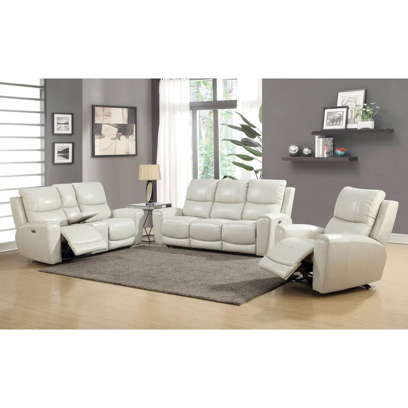 Causeuse inclinable électrique en cuir pleine fleur avec console de rangement, 2 places, ivoire/gris