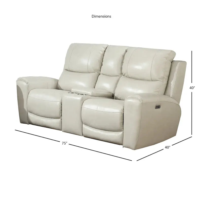 Causeuse inclinable électrique en cuir pleine fleur avec console de rangement, 2 places, ivoire/gris