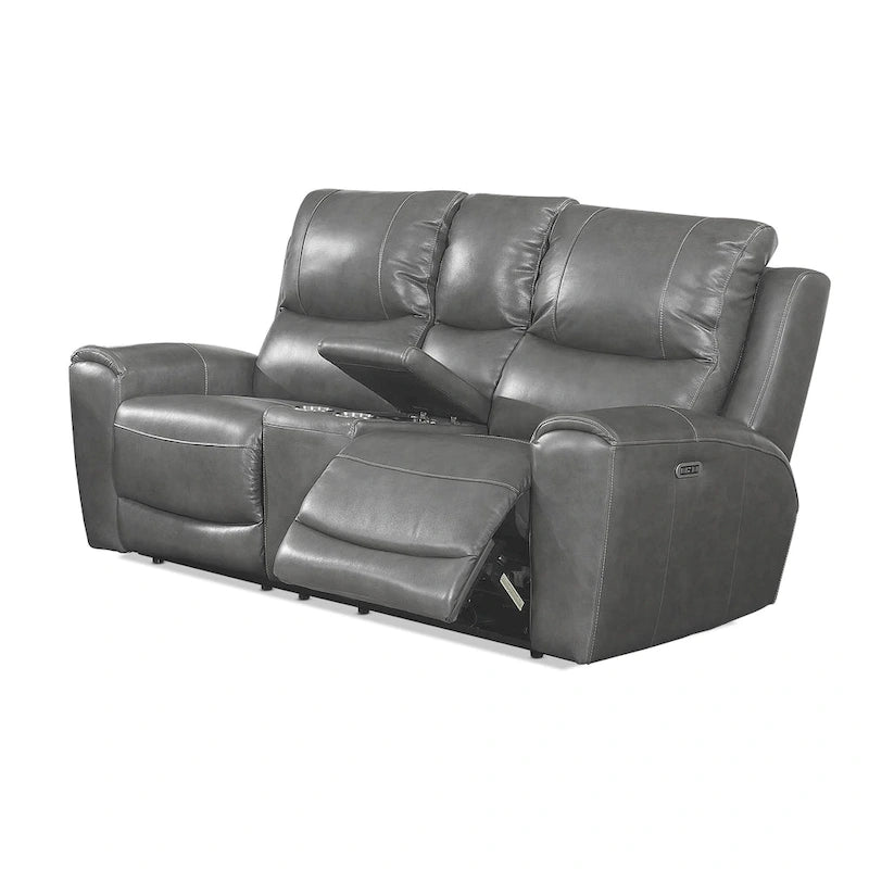 Causeuse inclinable électrique en cuir pleine fleur avec console de rangement, 2 places, ivoire/gris