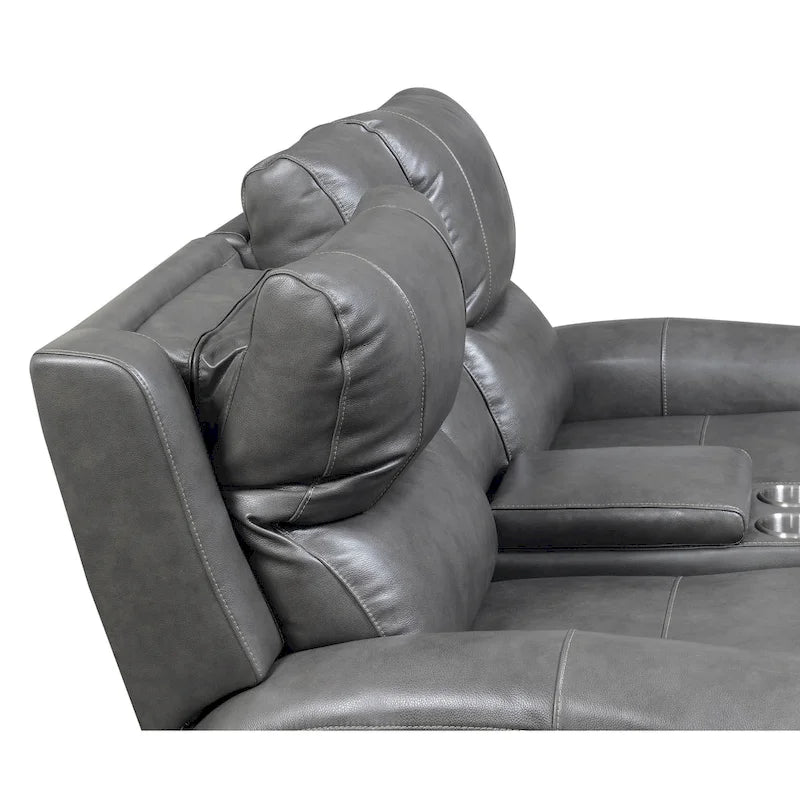 Causeuse inclinable électrique en cuir pleine fleur avec console de rangement, 2 places, ivoire/gris