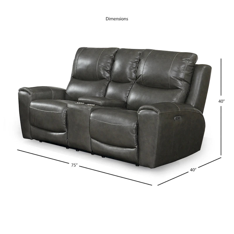 Causeuse inclinable électrique en cuir pleine fleur avec console de rangement, 2 places, ivoire/gris