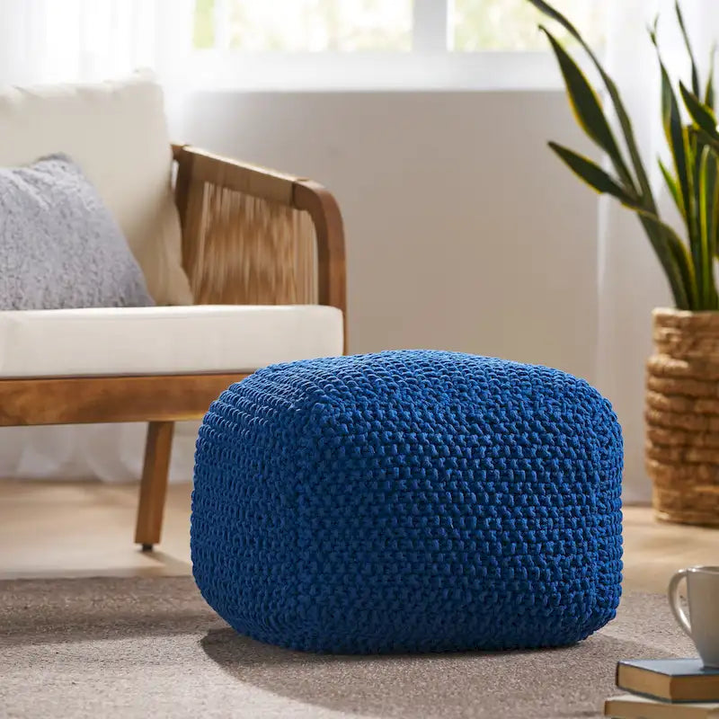 Pouf carré tricoté en coton, Beige / Marine / Gris foncé / Bleu foncé / Marron / Vert, 1 personne