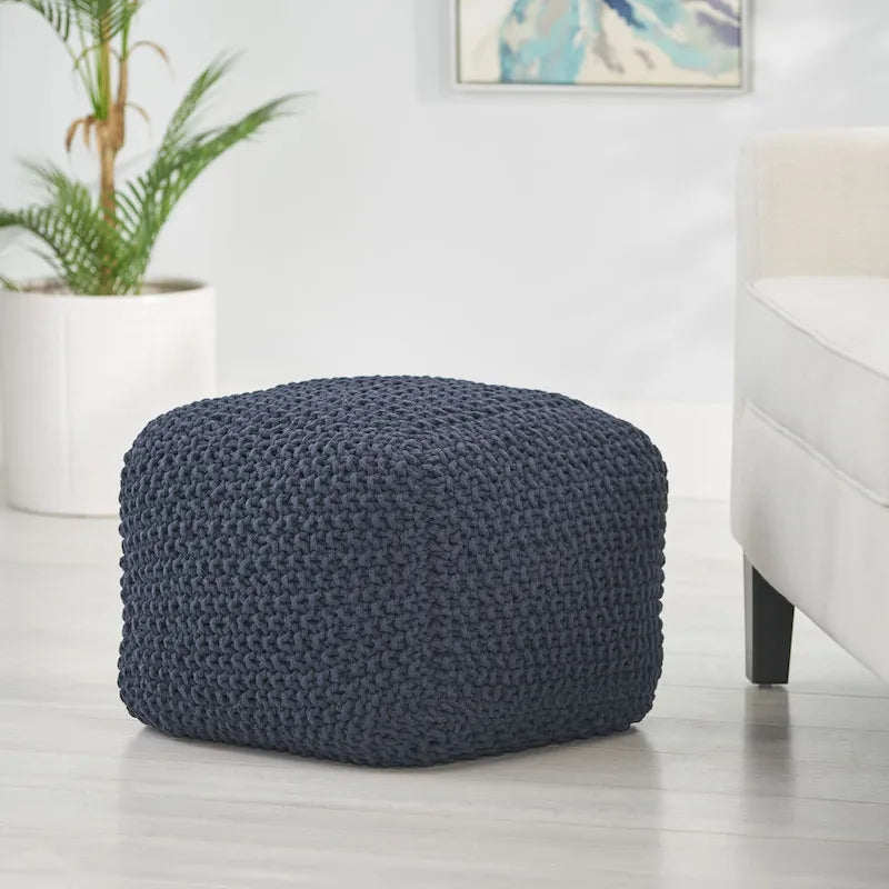 Pouf carré tricoté en coton, Beige / Marine / Gris foncé / Bleu foncé / Marron / Vert, 1 personne