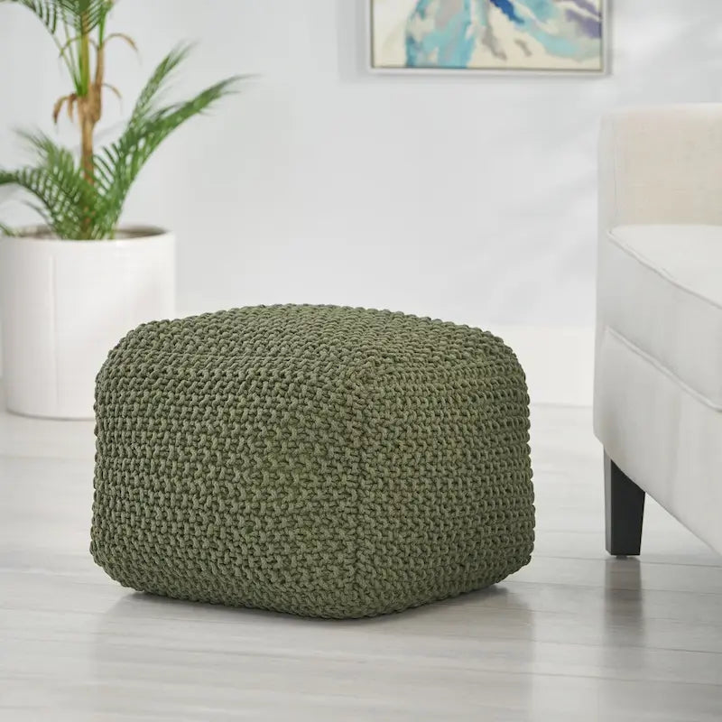 Pouf carré tricoté en coton, Beige / Marine / Gris foncé / Bleu foncé / Marron / Vert, 1 personne