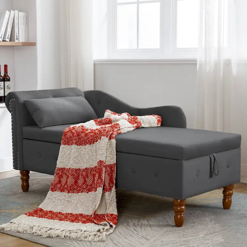 Méridienne en velours avec rangement et oreiller, noir/beige/gris, accoudoir roulé capitonné, 1 personne