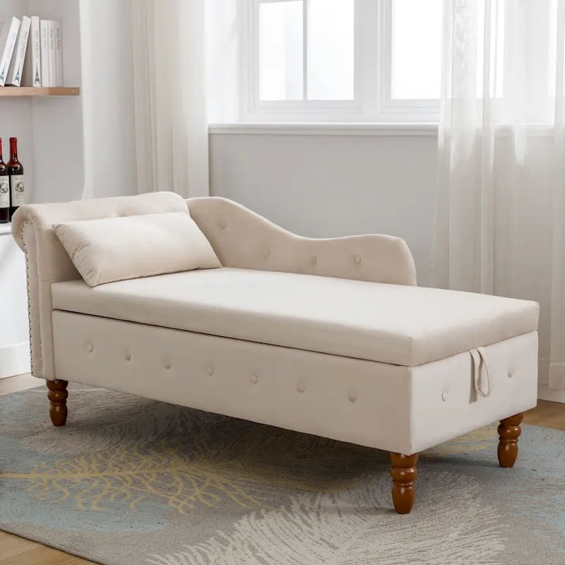 Méridienne en velours avec rangement et oreiller, noir/beige/gris, accoudoir roulé capitonné, 1 personne