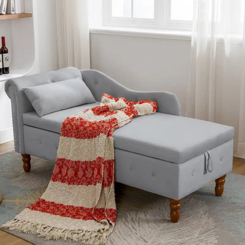 Méridienne en velours avec rangement et oreiller, noir/beige/gris, accoudoir roulé capitonné, 1 personne