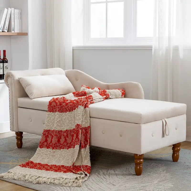 Méridienne en velours avec rangement et oreiller, noir/beige/gris, accoudoir roulé capitonné, 1 personne