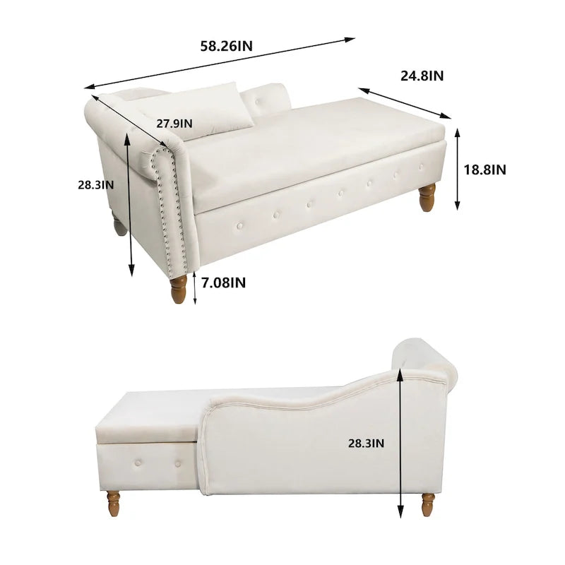 Méridienne en velours avec rangement et oreiller, noir/beige/gris, accoudoir roulé capitonné, 1 personne