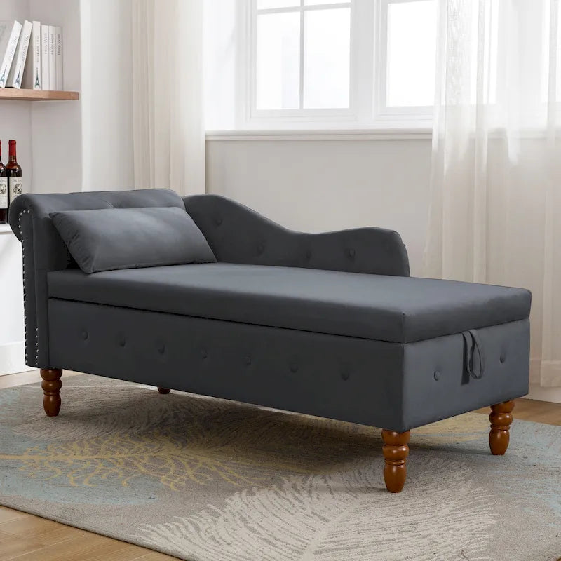 Méridienne en velours avec rangement et oreiller, noir/beige/gris, accoudoir roulé capitonné, 1 personne