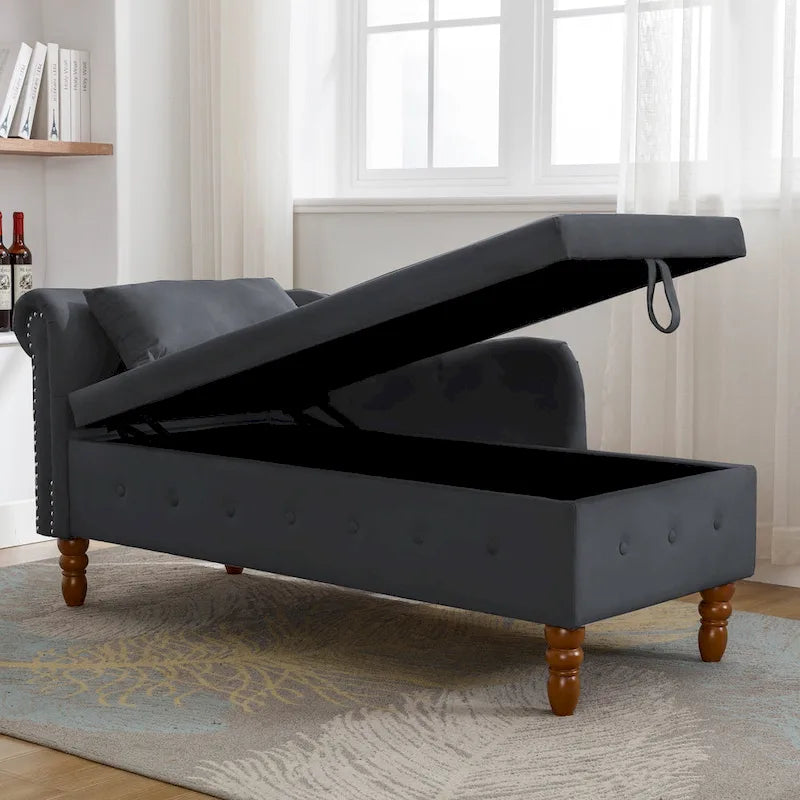Méridienne en velours avec rangement et oreiller, noir/beige/gris, accoudoir roulé capitonné, 1 personne