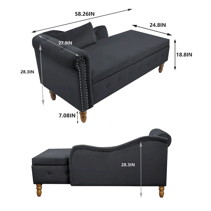 Méridienne en velours avec rangement et oreiller, noir/beige/gris, accoudoir roulé capitonné, 1 personne