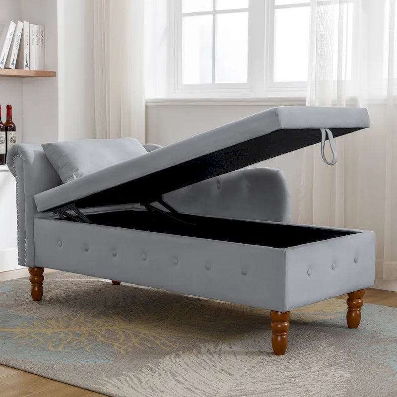 Méridienne en velours avec rangement et oreiller, noir/beige/gris, accoudoir roulé capitonné, 1 personne