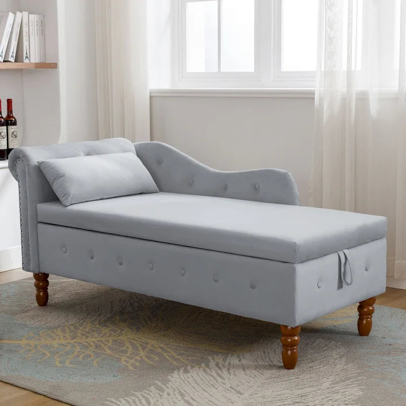 Méridienne en velours avec rangement et oreiller, noir/beige/gris, accoudoir roulé capitonné, 1 personne