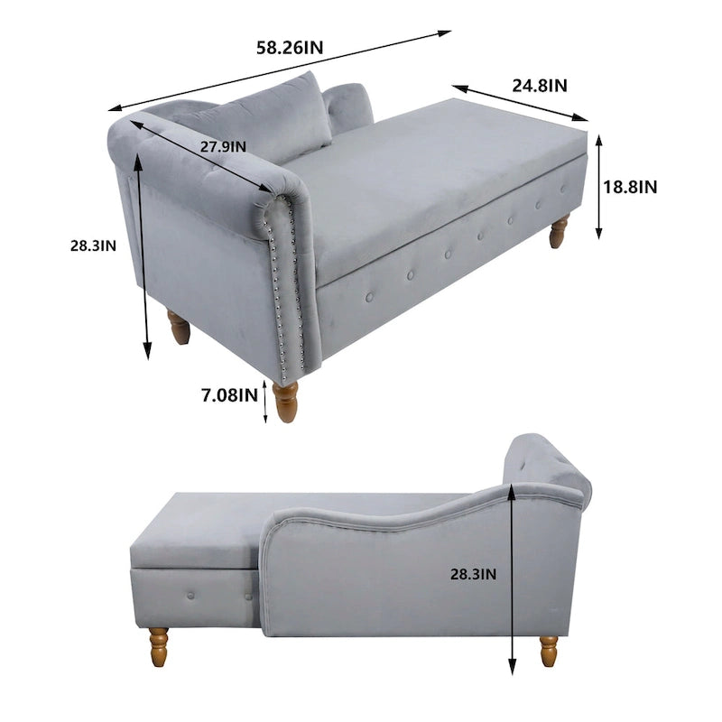 Méridienne en velours avec rangement et oreiller, noir/beige/gris, accoudoir roulé capitonné, 1 personne