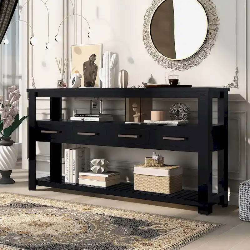 Console en MDF et pin avec 4 tiroirs et 2 étagères, noir/blanc/bleu marine, style classique