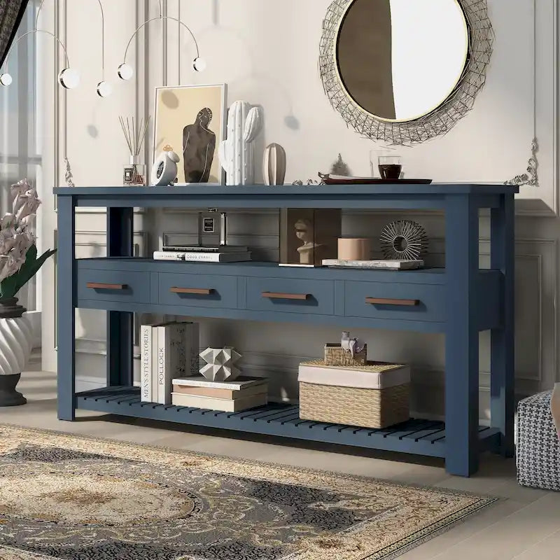 Console en MDF et pin avec 4 tiroirs et 2 étagères, noir/blanc/bleu marine, style classique