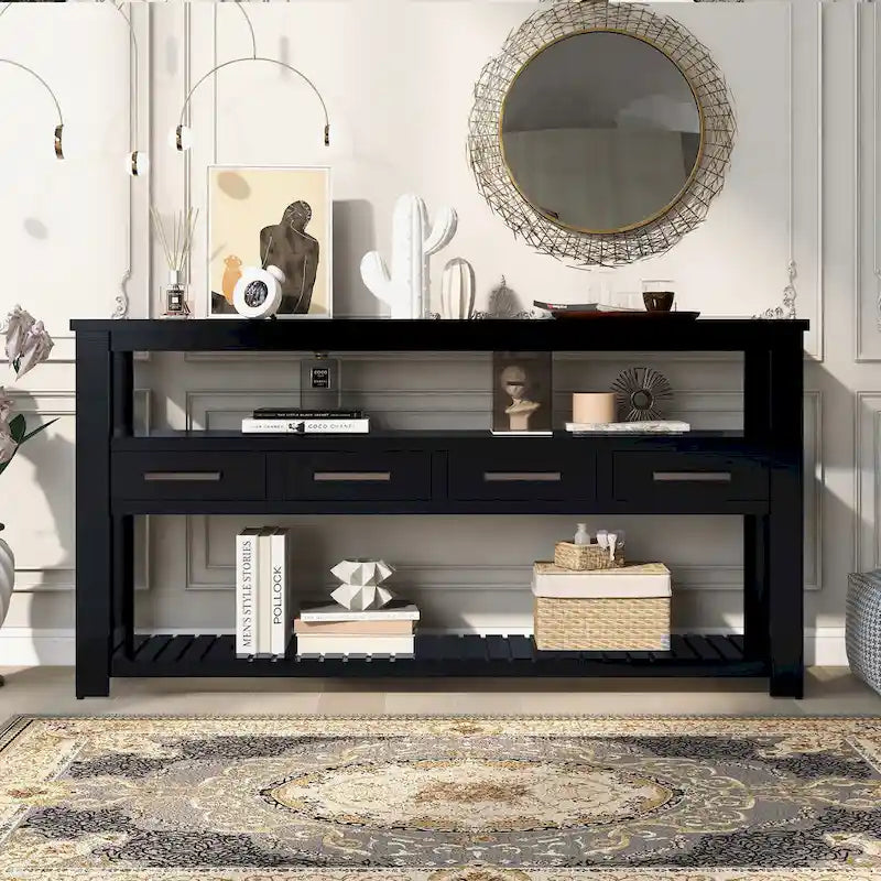 Console en MDF et pin avec 4 tiroirs et 2 étagères, noir/blanc/bleu marine, style classique