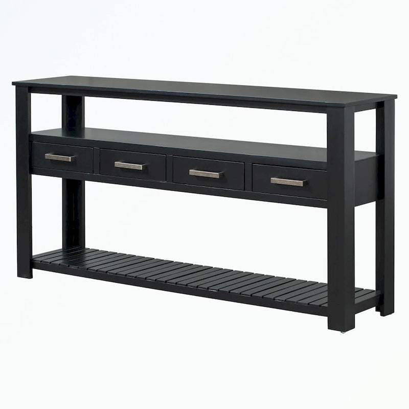 Console en MDF et pin avec 4 tiroirs et 2 étagères, noir/blanc/bleu marine, style classique