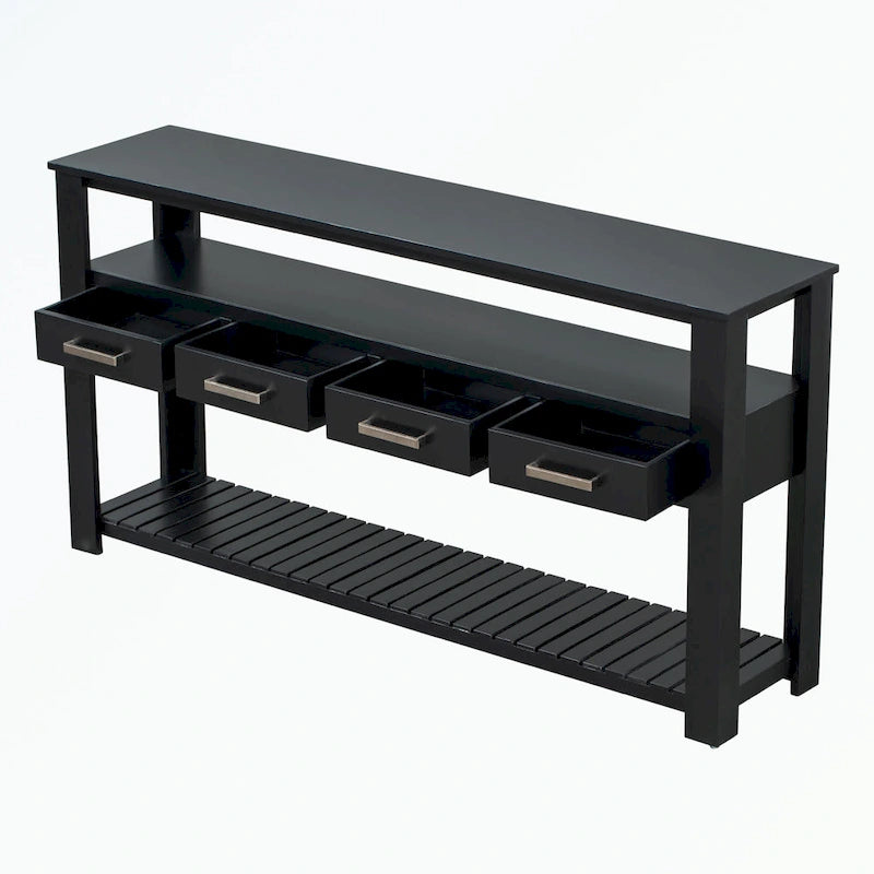 Console en MDF et pin avec 4 tiroirs et 2 étagères, noir/blanc/bleu marine, style classique