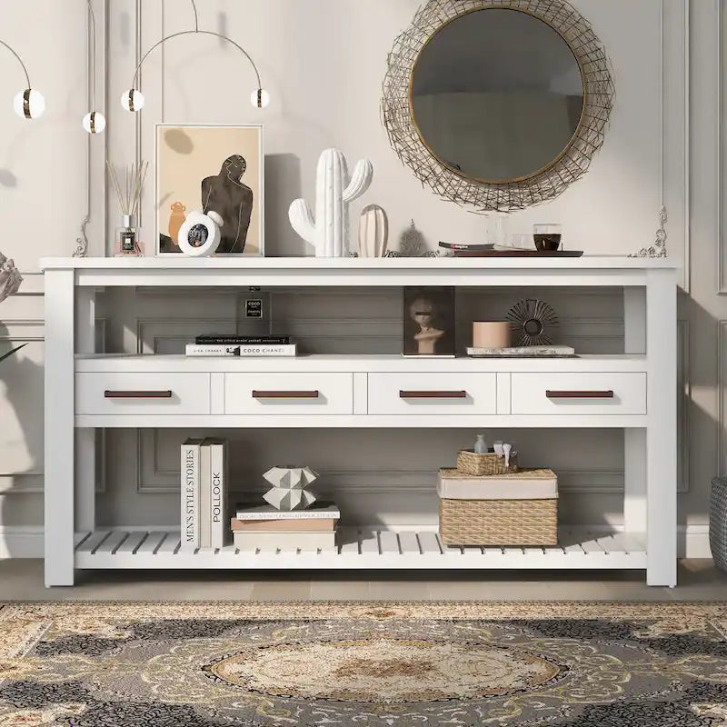 Console en MDF et pin avec 4 tiroirs et 2 étagères, noir/blanc/bleu marine, style classique