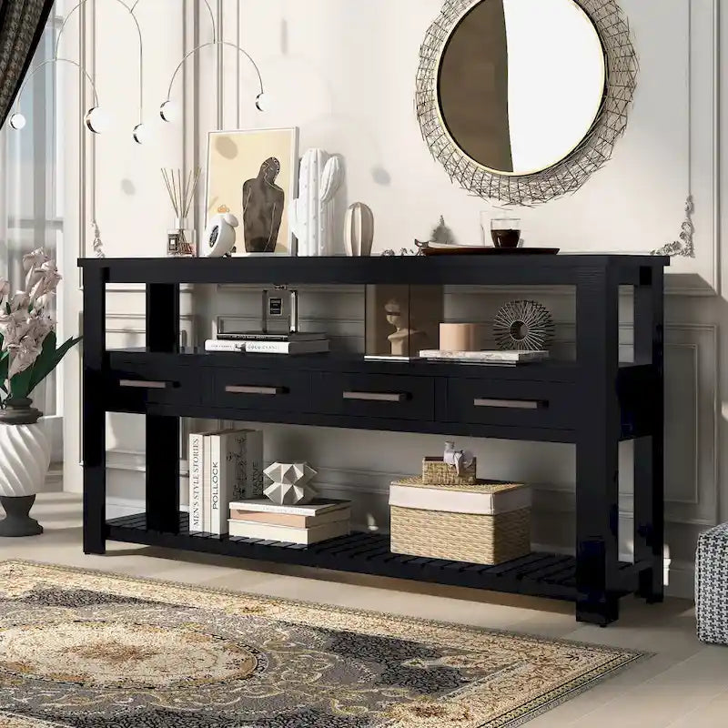 Console en MDF et pin avec 4 tiroirs et 2 étagères, noir/blanc/bleu marine, style classique