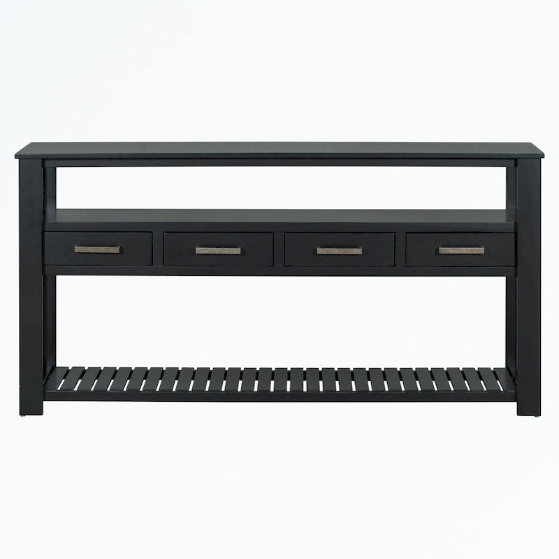 Console en MDF et pin avec 4 tiroirs et 2 étagères, noir/blanc/bleu marine, style classique