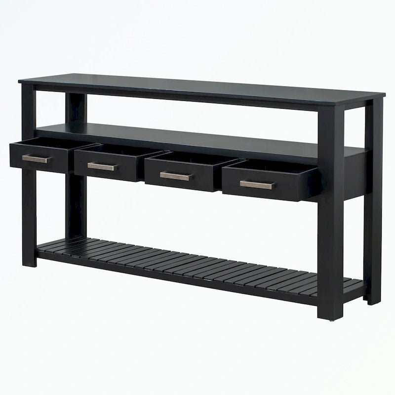 Console en MDF et pin avec 4 tiroirs et 2 étagères, noir/blanc/bleu marine, style classique