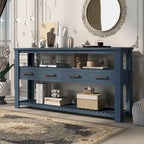 Console en MDF et pin avec 4 tiroirs et 2 étagères, noir/blanc/bleu marine, style classique